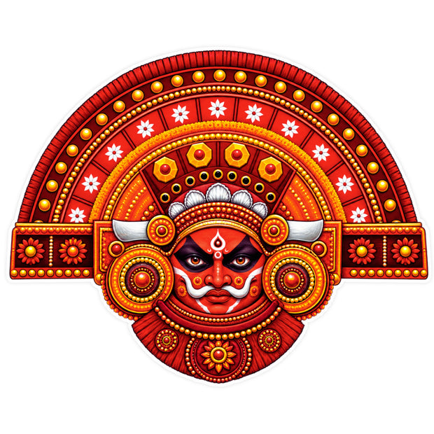 Red Theyyam Face Sticker with Traditional Kerala Folk Art and Ornamental Design by STIXY