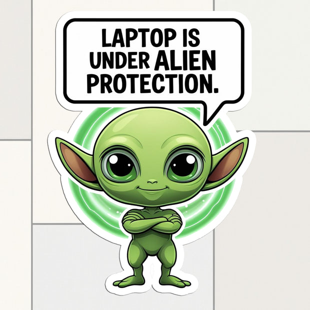 Laptop Is Under Alien Protection – Cute Alien Vinyl Sticker premium sticker image view 1