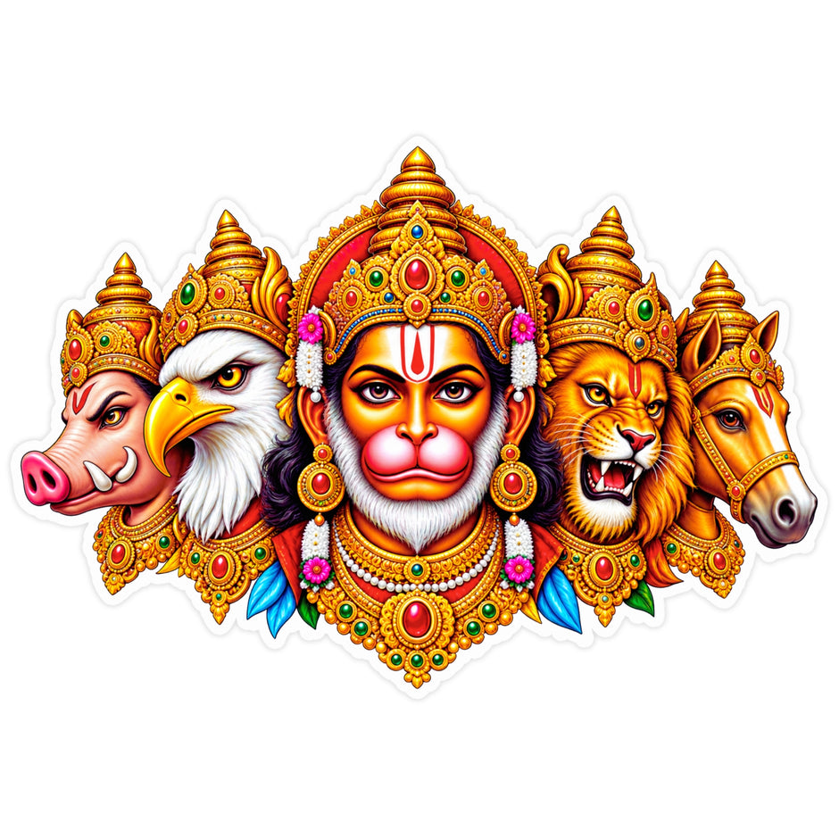 Panchmukhi Hanuman Sticker with Five Sacred Faces and Traditional Hindu Art Design by STIXY
