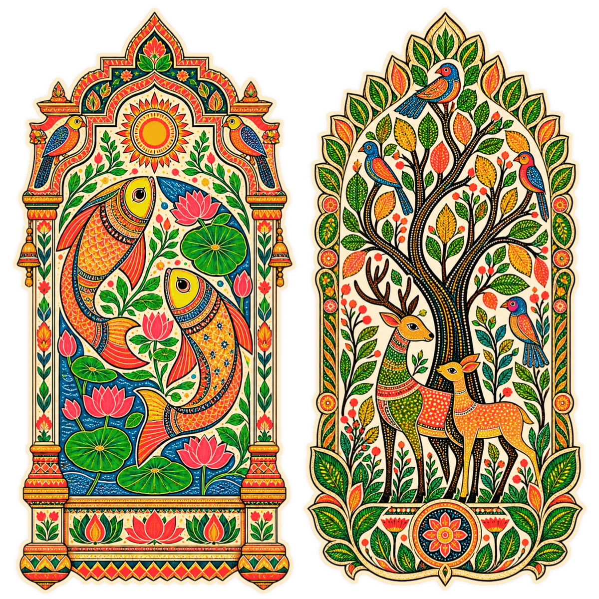 Indian Folk Art Peacock and Deer Tree Jharokha Sticker Set of 2 with Colorful Traditional Artwork by STIXY
