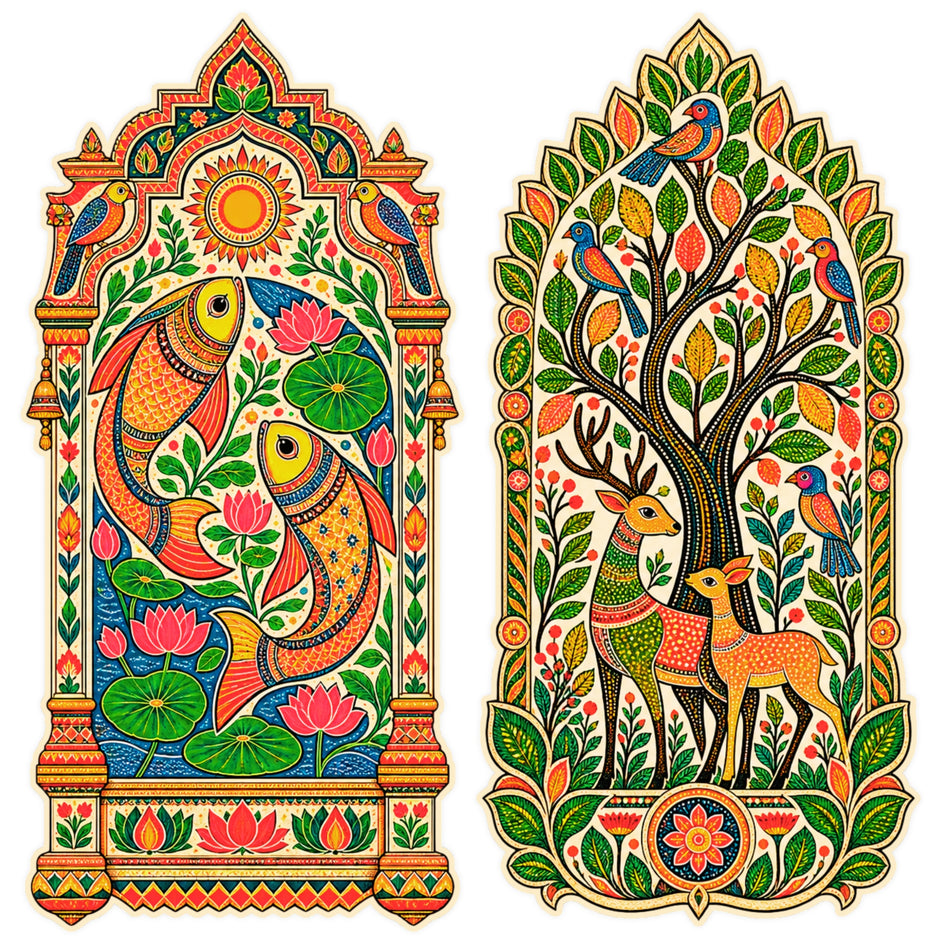 Indian Folk Art Peacock and Deer Tree Jharokha Sticker Set of 2 with Colorful Traditional Artwork by STIXY