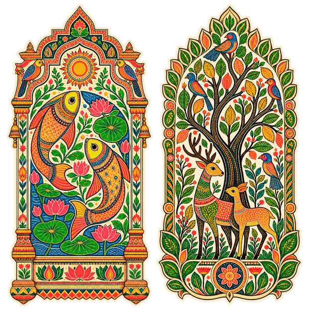 Indian Folk Art Peacock and Deer Tree Jharokha Sticker Set of 2 with Colorful Traditional Artwork by STIXY
