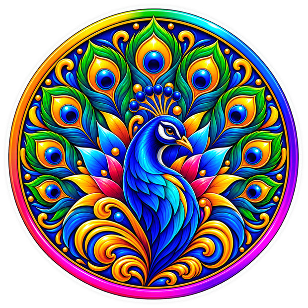 Colorful Peacock Mandala Round Decorative Sticker by STIXY