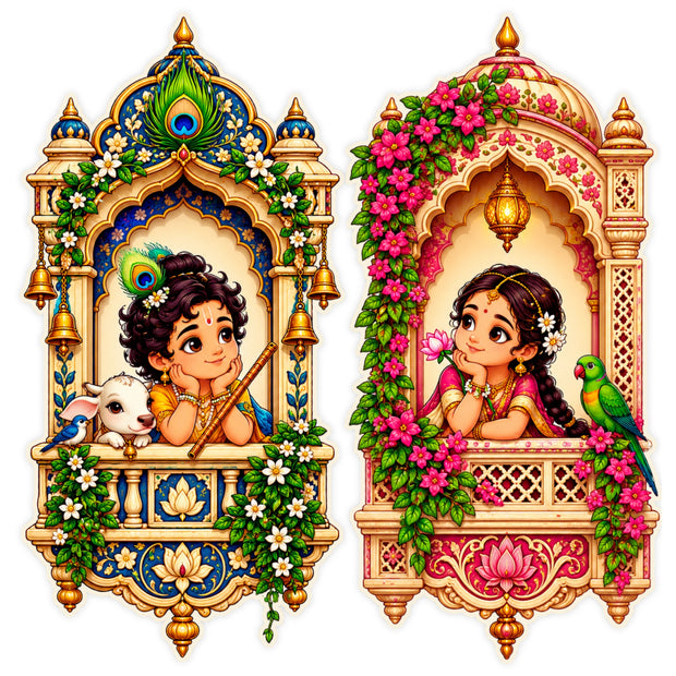 Radha Krishna Jharokha Sticker Set of 2 with Colorful Traditional Indian Heritage Art by STIXY