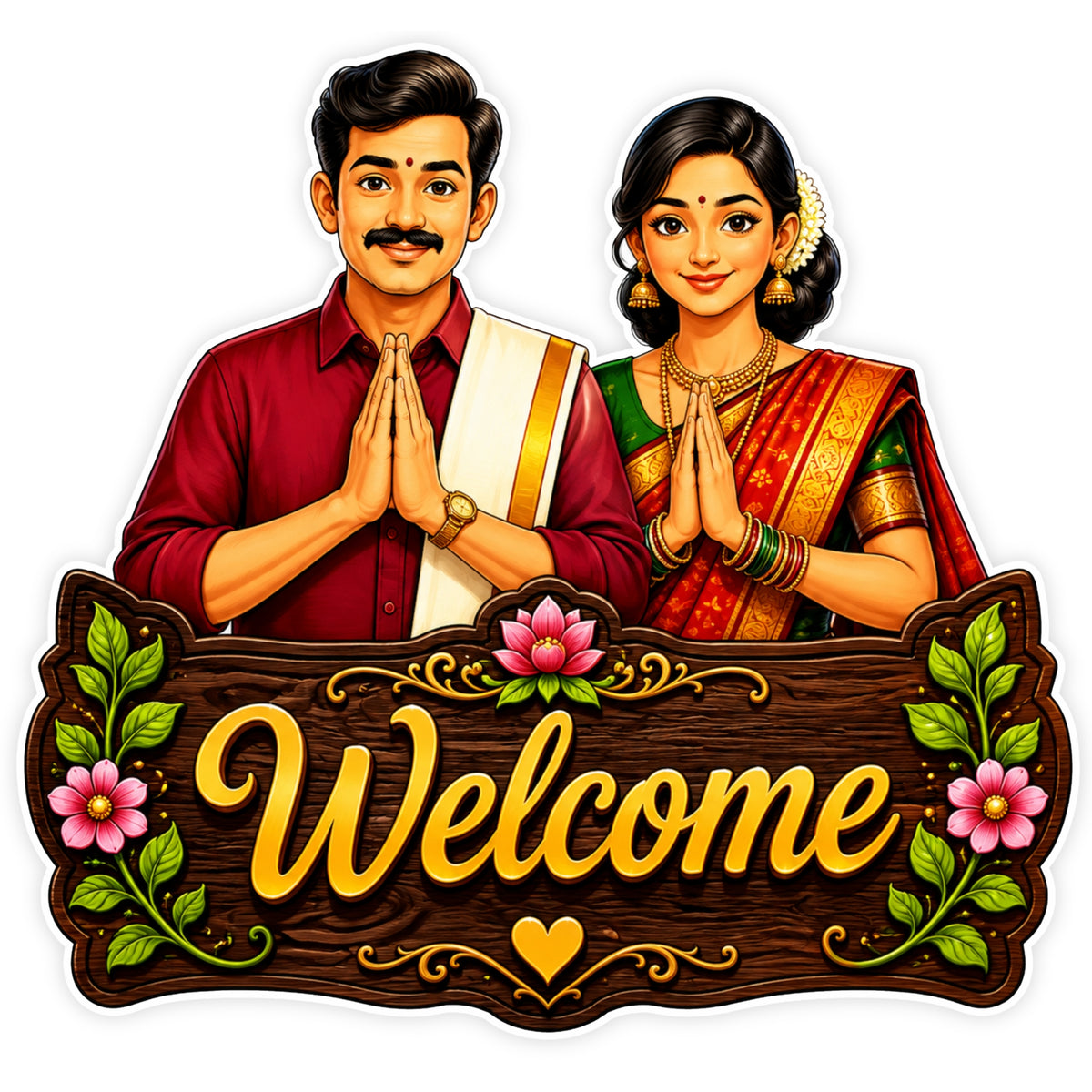Indian Couple Namaste Welcome Sticker with Traditional Attire and Floral Wooden Sign by STIXY
