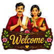 Indian Couple Namaste Welcome Sticker with Traditional Attire and Floral Wooden Sign by STIXY