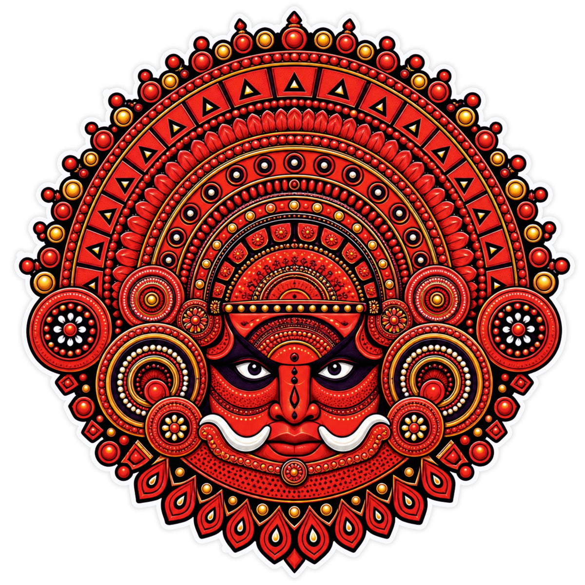 Red Theyyam Face Mandala Sticker with Traditional Kerala Folk Art Design by STIXY