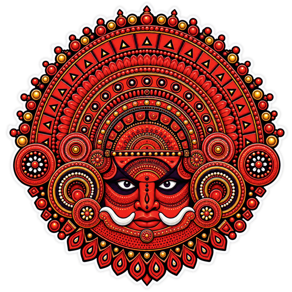 Red Theyyam Face Mandala Sticker with Traditional Kerala Folk Art Design by STIXY