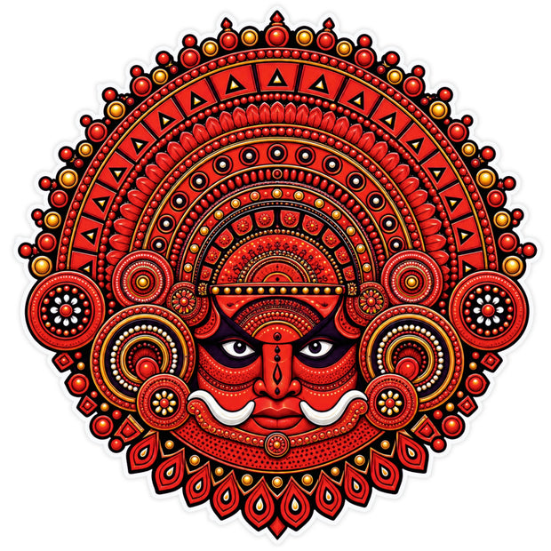 Red Theyyam Face Mandala Sticker with Traditional Kerala Folk Art Design by STIXY