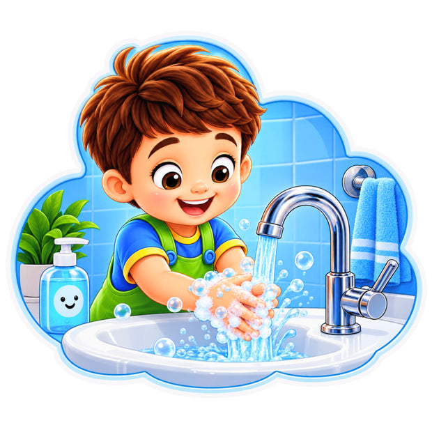 Kids Hand Washing Hygiene Reminder Waterproof Matte Vinyl Sticker with Cute Boy by STIXY