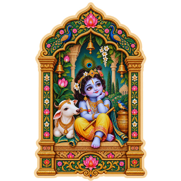 Bal Krishna with Cow Jharokha Sticker Featuring Traditional Indian Temple Arch Artwork by STIXY