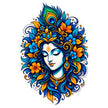 Lord Krishna Face Sticker with Peacock Feather and Blue Floral Art Design by STIXY
