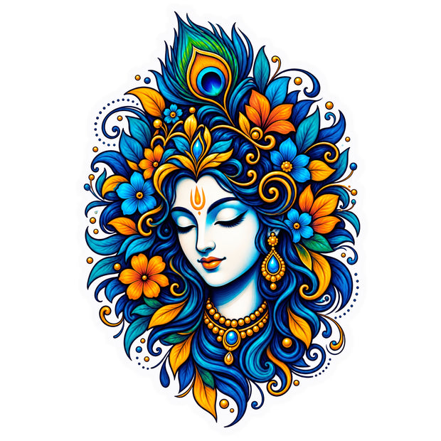 Lord Krishna Face Sticker with Peacock Feather and Blue Floral Art Design by STIXY