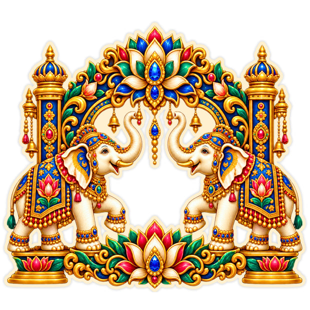 Royal Elephant Lotus Arch Sticker with Traditional Indian Elephant Pair Floral Mandala and Decorative Arch by STIXY