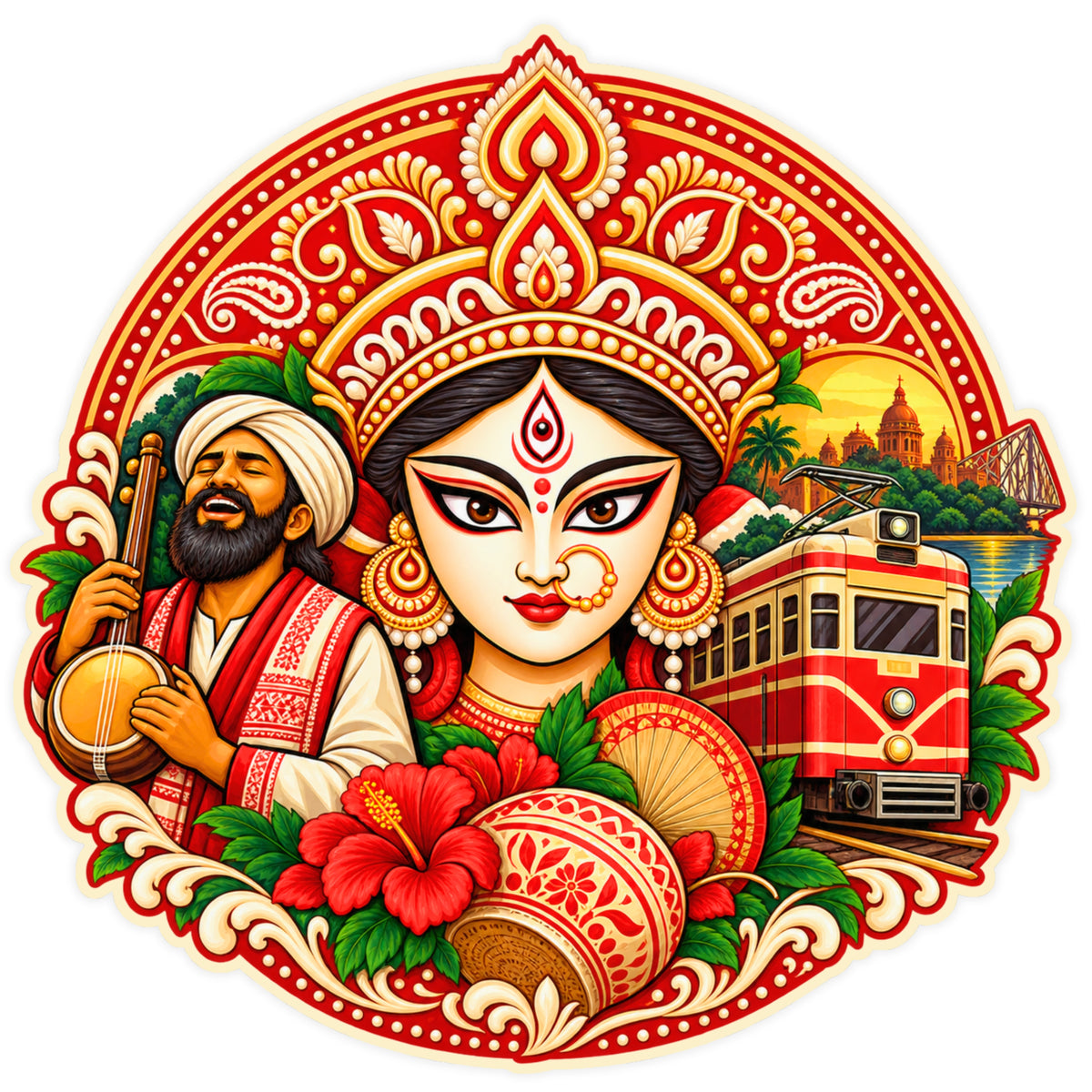 West Bengal Durga Maa Cultural Art Waterproof Matte Vinyl Sticker Featuring Baul Musician Kolkata Tram and Bengali Heritage by STIXY