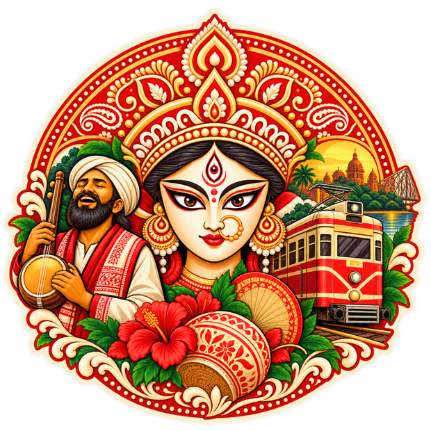 West Bengal Durga Maa Cultural Art Waterproof Matte Vinyl Sticker Featuring Baul Musician Kolkata Tram and Bengali Heritage by STIXY