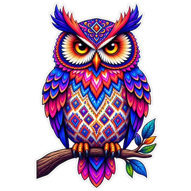 Colorful Owl Sticker with Vibrant Geometric Folk Art Pattern by STIXY