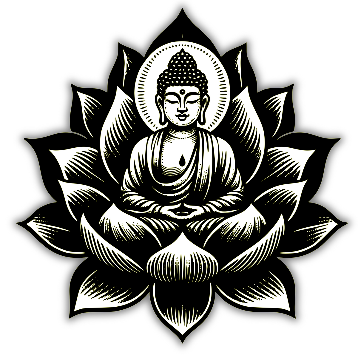 Buddha on Lotus – Waterproof Sticker | Black & White Spiritual Calm Art premium vinyl sticker product image 1