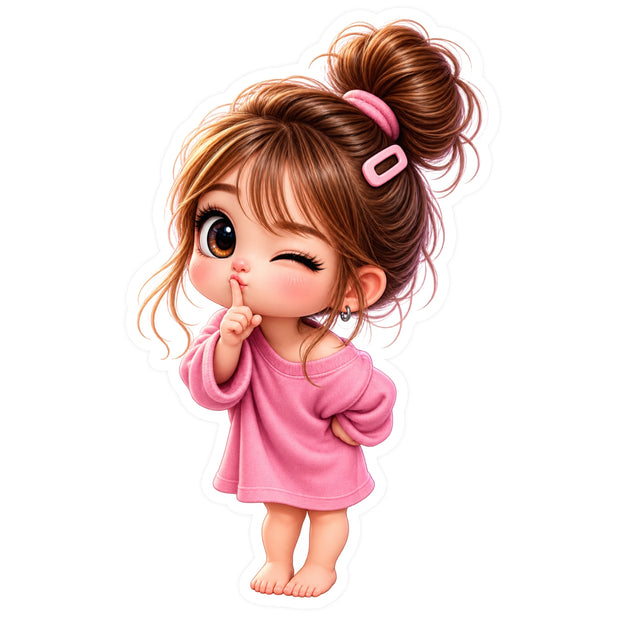 Cute Shy Girl in Pink Dress Winking Cartoon Sticker by STIXY