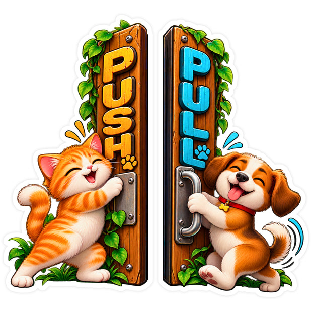 Cute Cat and Dog Push Pull Door Sticker Set of 2 by STIXY