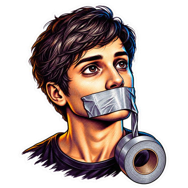 Silenced Voice Young Man Tape Over Mouth Artistic Waterproof Matte Sticker by STIXY