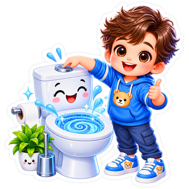 Cute Boy Toilet Flush Reminder Waterproof Matte Vinyl Sticker for Kids by STIXY