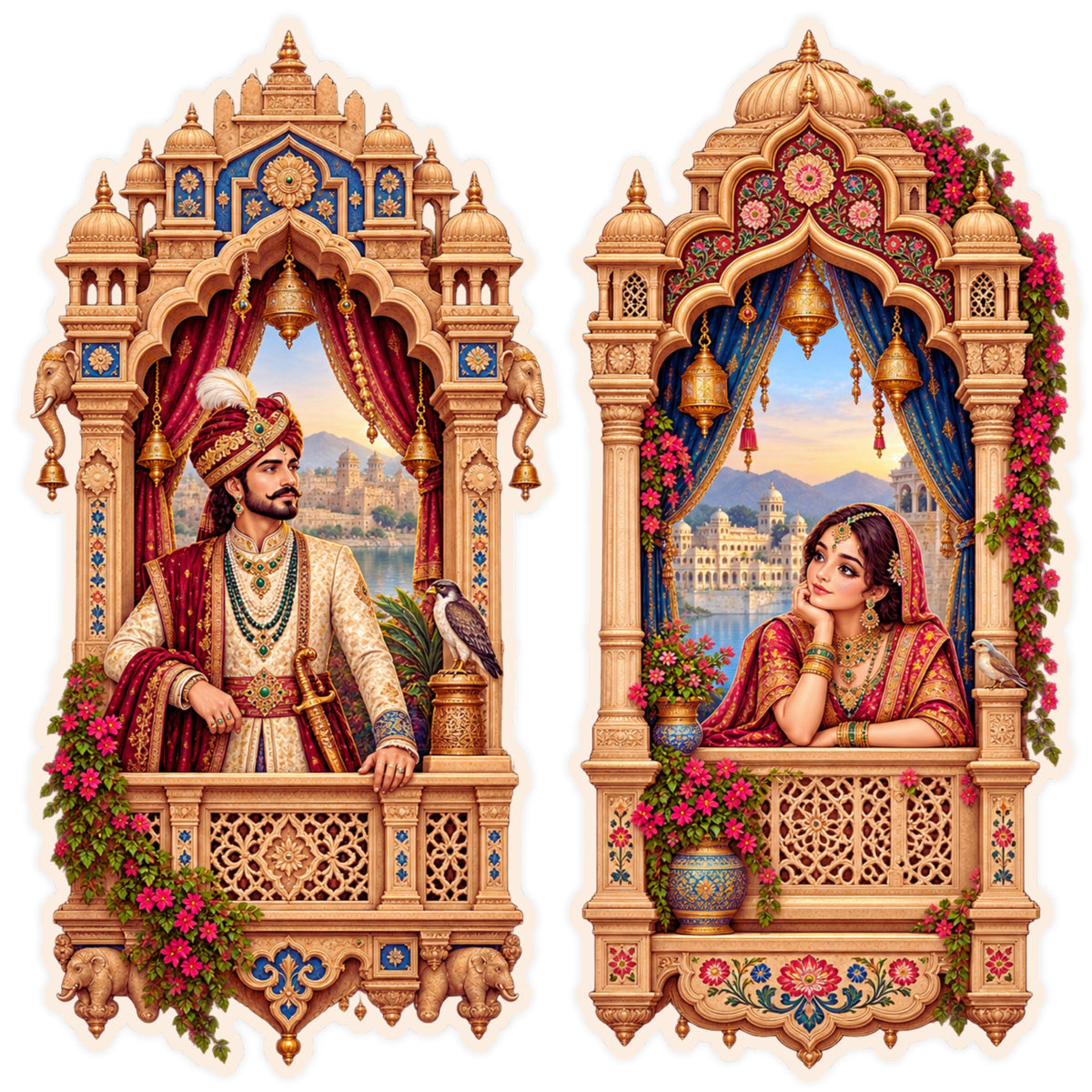 Traditional Indian Royal Couple Jharokha Sticker Set of 2 with Ornate Heritage Window Artwork by STIXY