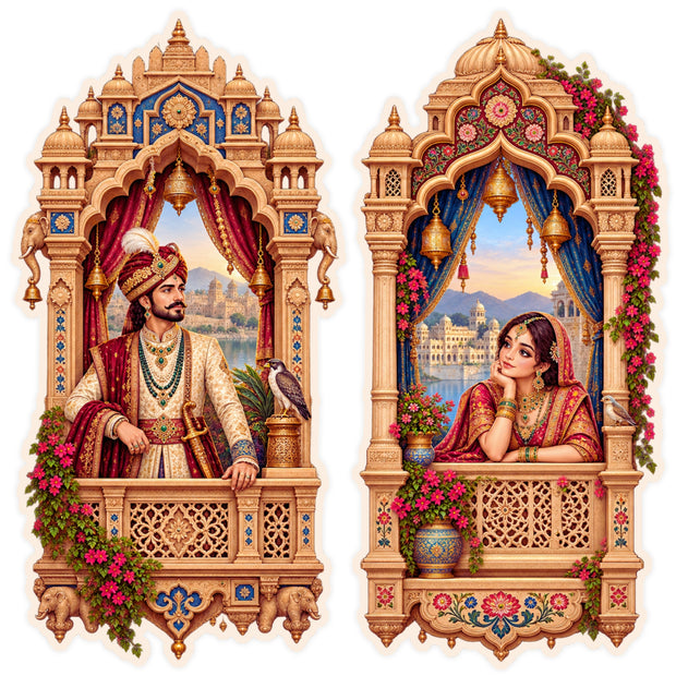 Traditional Indian Royal Couple Jharokha Sticker Set of 2 with Ornate Heritage Window Artwork by STIXY