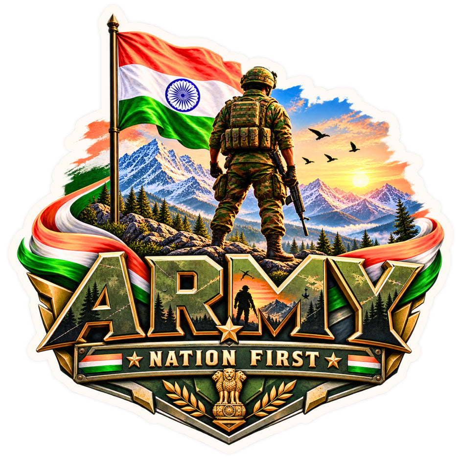 Indian Army Nation First Patriotic Sticker with Soldier Indian Flag and Mountain Artwork by STIXY