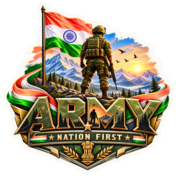 Indian Army Nation First Patriotic Sticker with Soldier Indian Flag and Mountain Artwork by STIXY