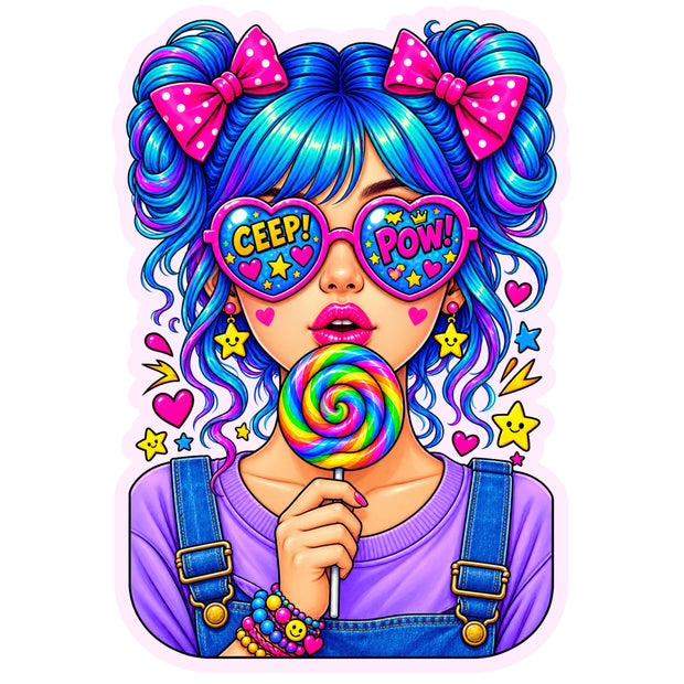 Colorful Lollipop Girl Sticker with Blue Hair Heart Sunglasses and Pop Art Design by STIXY