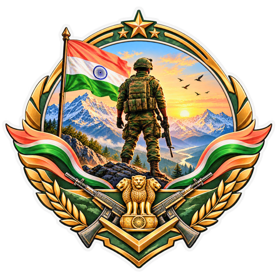 Indian Army Soldier Patriotic Badge Sticker with Indian Flag Mountain Scenery and Military Emblem by STIXY