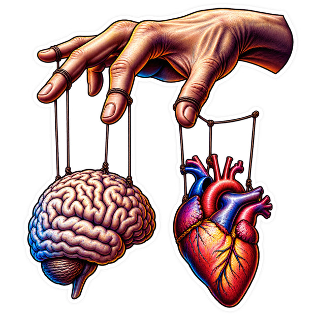 Brain and Heart Controlled by Puppet Hand Conceptual Waterproof Matte Sticker by STIXY