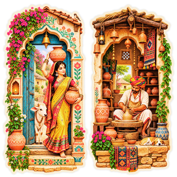 Indian Village Couple Jharokha Sticker Set of 2 with Traditional Pahadi Heritage Artwork by STIXY