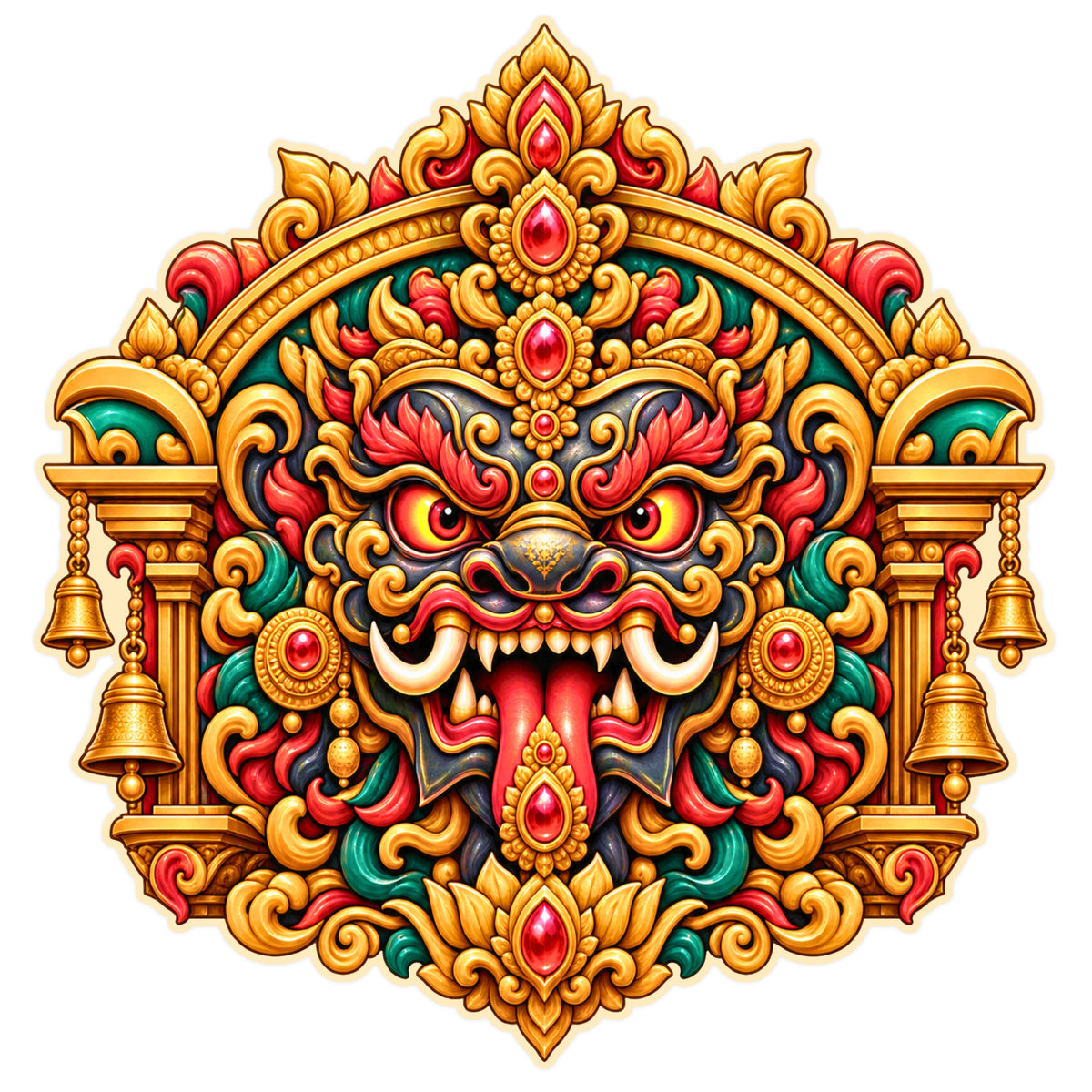 Kirtimukha Protective Face Sticker with Traditional Hindu Guardian Mask Ornamental Arch and Temple Bells by STIXY
