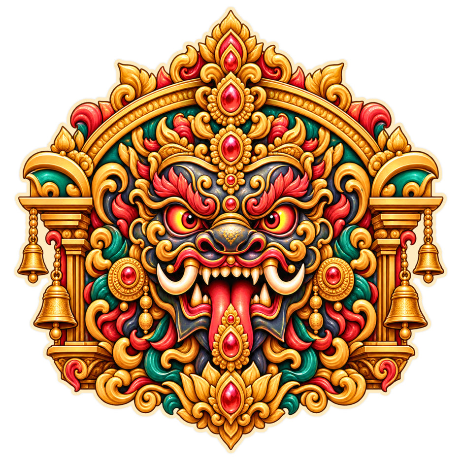Kirtimukha Protective Face Sticker with Traditional Hindu Guardian Mask Ornamental Arch and Temple Bells by STIXY