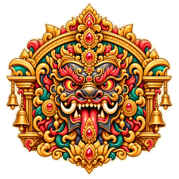 Kirtimukha Protective Face Sticker with Traditional Hindu Guardian Mask Ornamental Arch and Temple Bells by STIXY