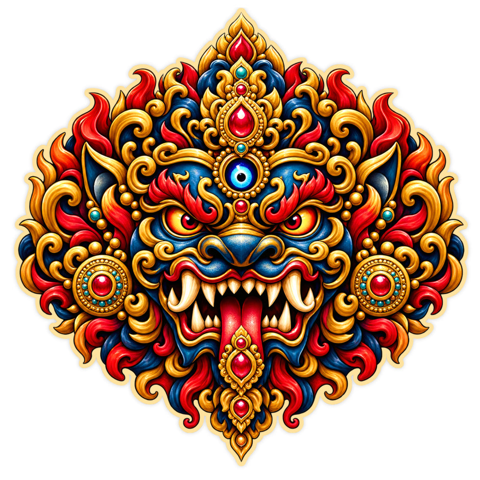 Kirtimukha Fierce Guardian Face Sticker with Traditional Protective Mask Ornamental Crown and Fiery Artwork by STIXY