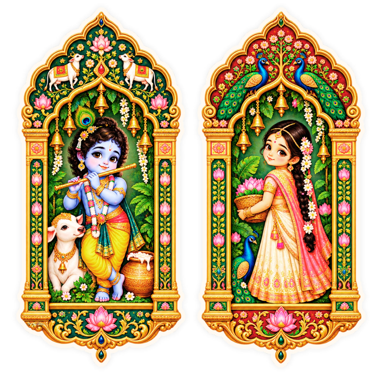 Krishna and Radha Jharokha Sticker Set of 2 with Colorful Traditional Indian Temple Arch Artwork by STIXY