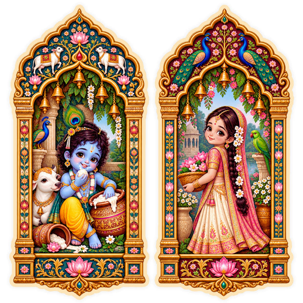 Bal Krishna and Radha Jharokha Sticker Set of 2 with Traditional Indian Temple Arch Artwork by STIXY