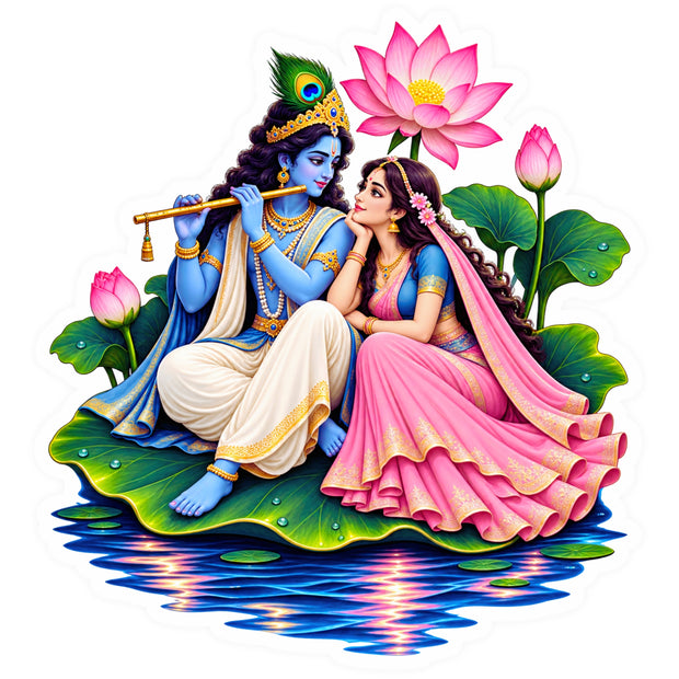 Radha Krishna Lotus Pond Sticker with Pink Lotus Flowers and Colorful Devotional Artwork by STIXY