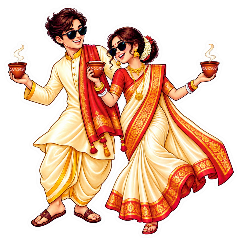 Bengali Traditional Couple Dhunuchi Dance Waterproof Matte Vinyl Sticker by STIXY