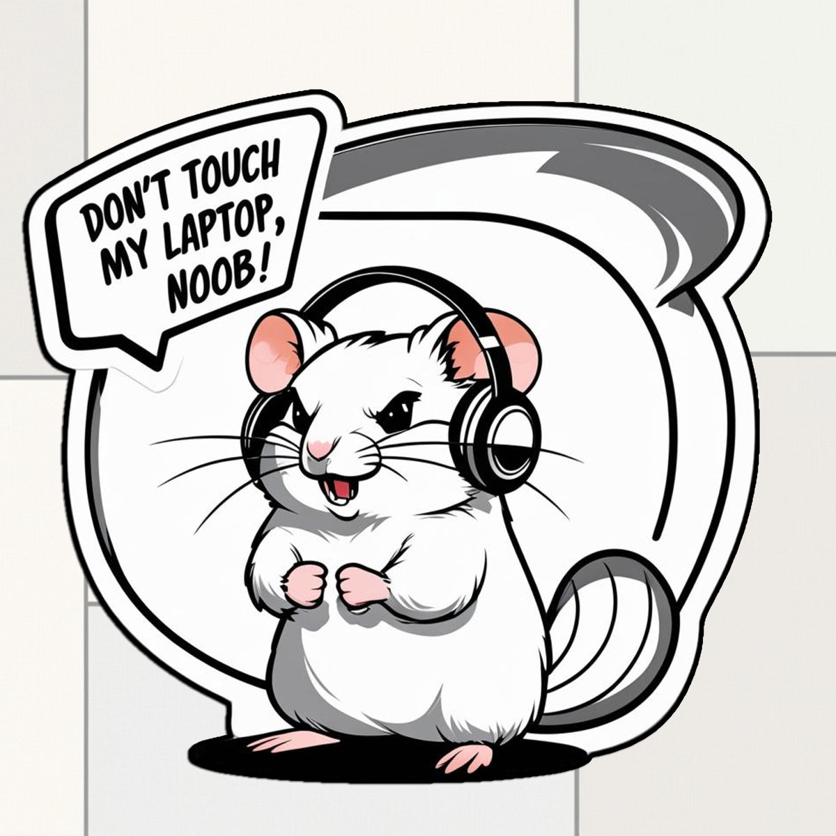 White Gamer Hamster Sticker – Don’t Touch My Laptop, Noob! premium sticker image view 1