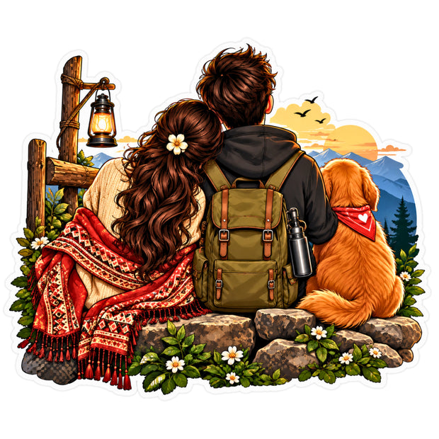 Romantic Adventure Couple with Dog Mountain Travel Waterproof Matte Vinyl Sticker by STIXY