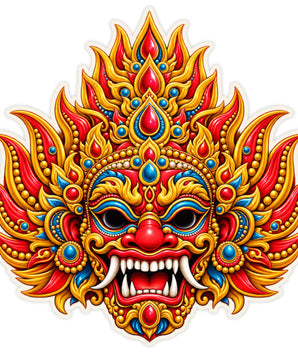 Fierce Rakshasa Fire Guardian Mask Sticker with Traditional Flame Crown Artwork by STIXY