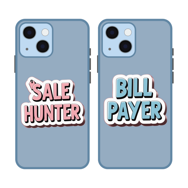 "SALE HUNTER" & "BILL PAYER" Waterproof Phone Sticker Set – Fun His & Hers Couple Design premium sticker product image 1