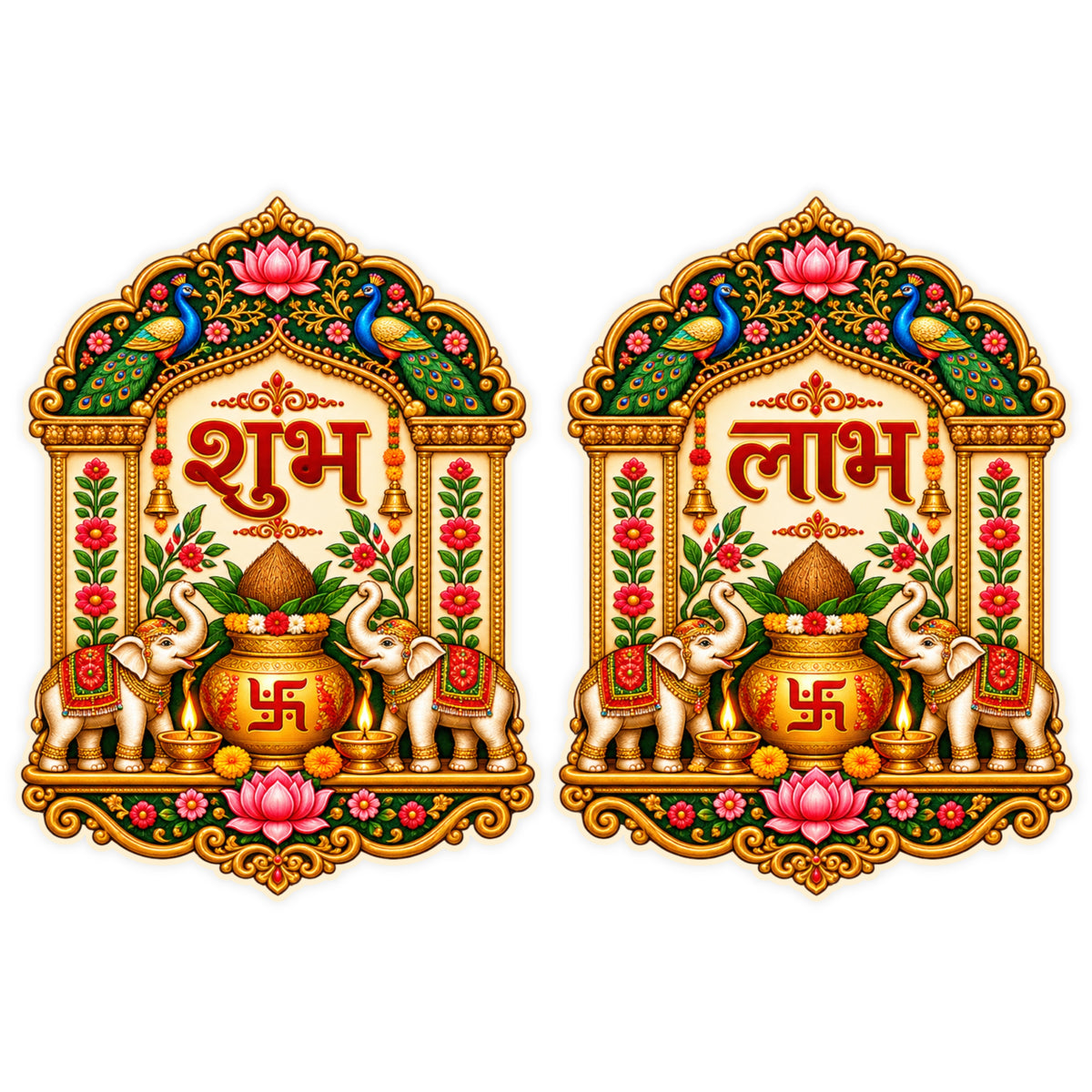 Shubh Labh Traditional Kalash Sticker Set of 2 with Swastik Lotus and Floral Mandala Design Waterproof Matte Vinyl by STIXY