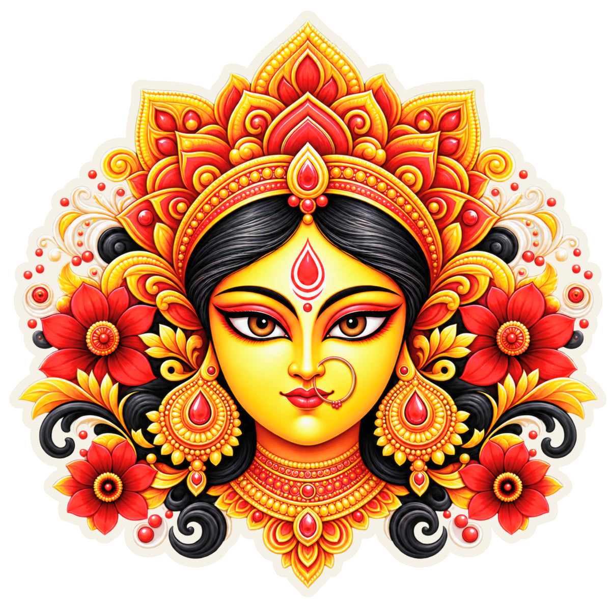 Maa Durga Divine Face Sticker with Traditional Crown Floral Mandala and Goddess Artwork by STIXY