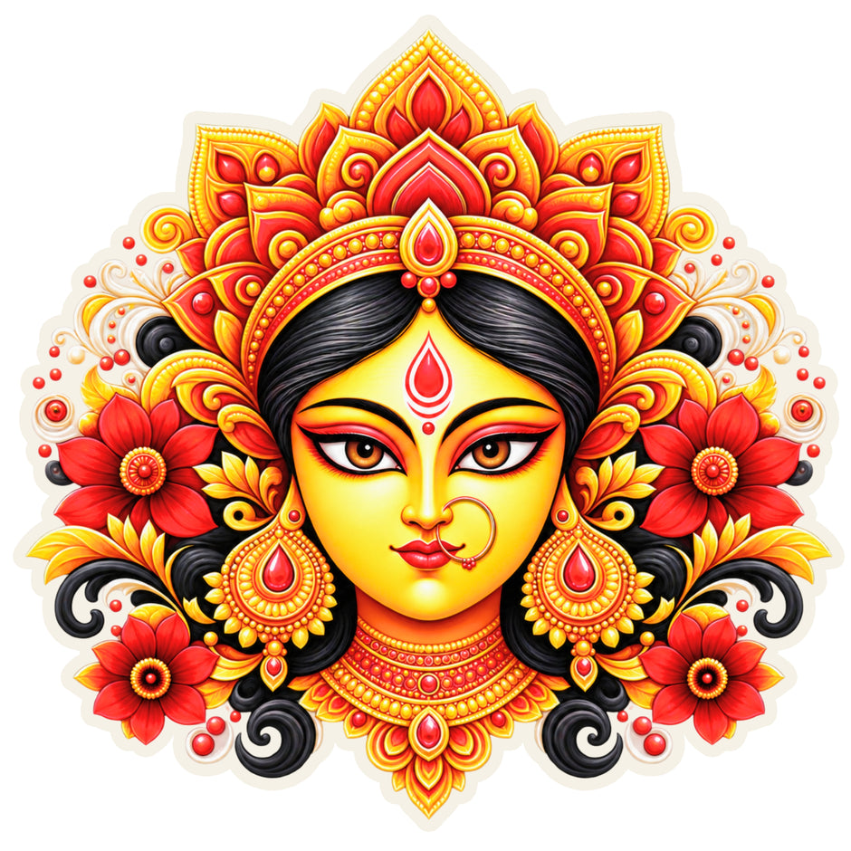 Maa Durga Divine Face Sticker with Traditional Crown Floral Mandala and Goddess Artwork by STIXY