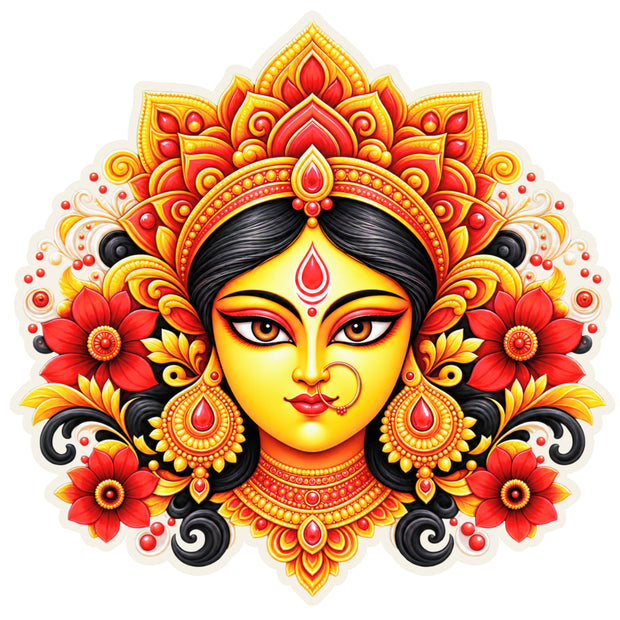 Maa Durga Divine Face Sticker with Traditional Crown Floral Mandala and Goddess Artwork by STIXY